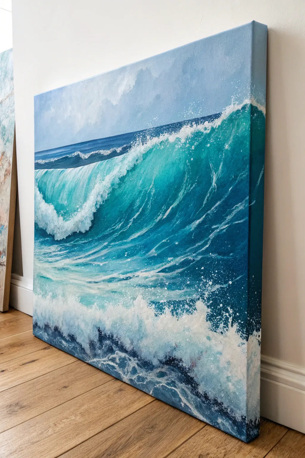Stacked teal-to-ultramarine waves with crisp white foam for a moody ocean acrylic study