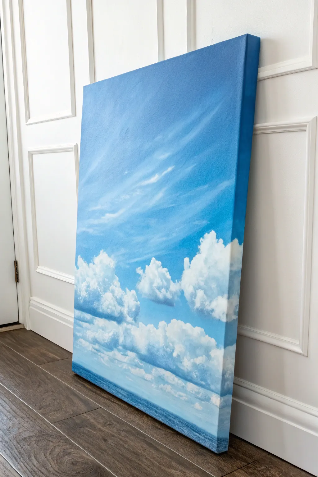 Soft blue sky gradient with fluffy clouds for a bright, calming painting inspiration