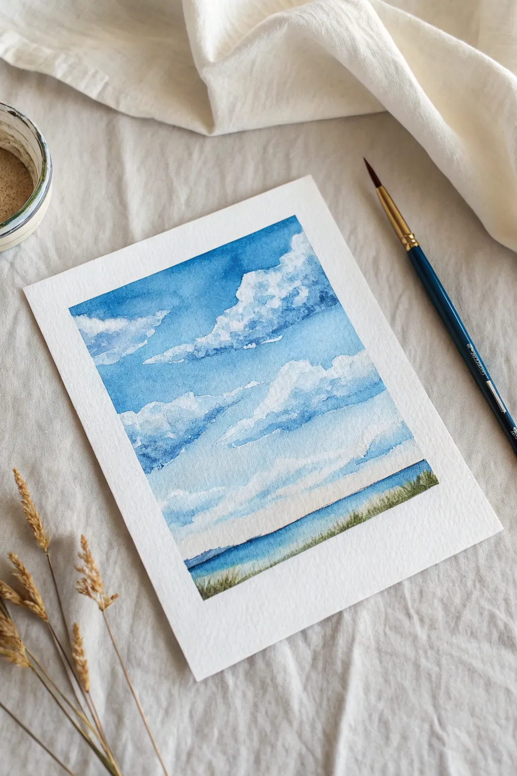 Sunny blue sky wash fading into a soft hazy horizon, with barely-there cloud wisps.