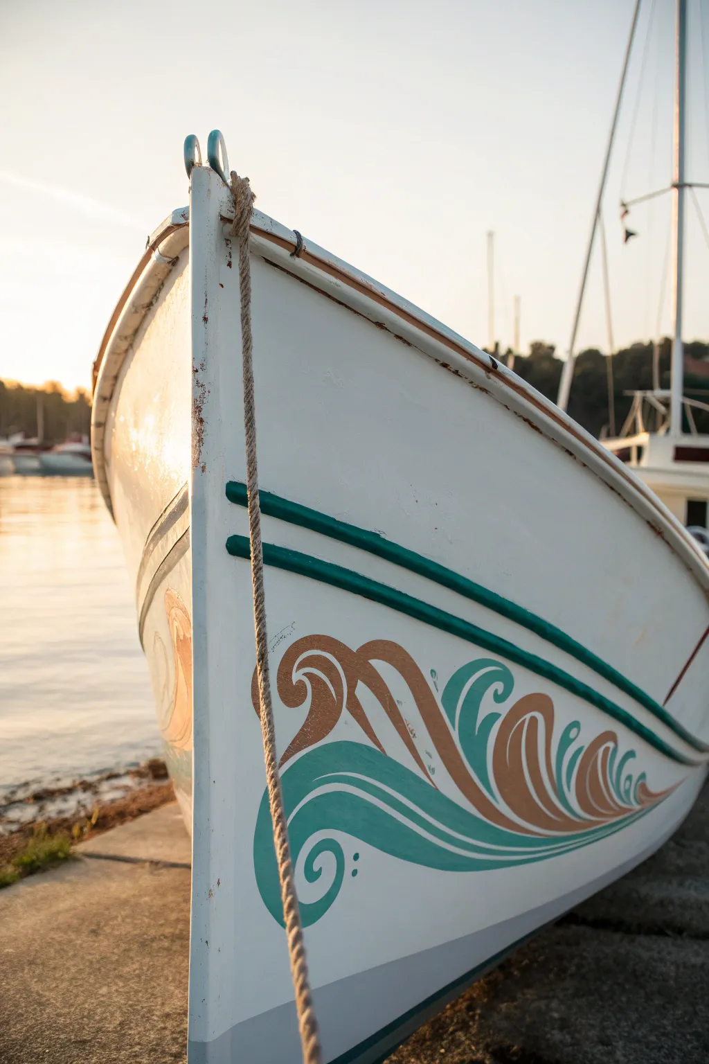 Coastal teal waves and warm swirls on a crisp white hull for a fresh seaside statement.