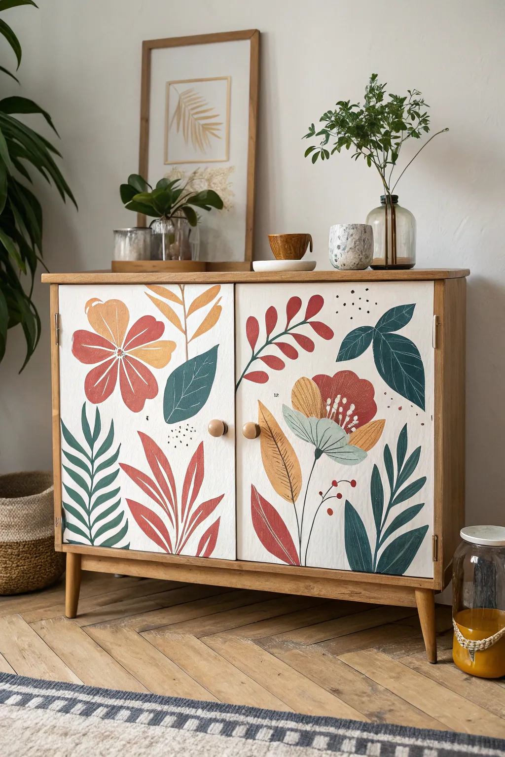 Bold hand-painted florals transform a minimalist sideboard into a boho statement piece
