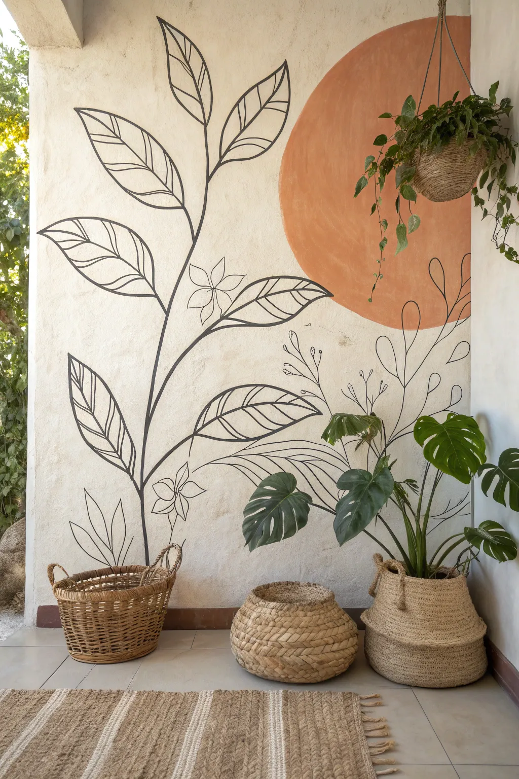 Minimal botanical line art mural on creamy wall, Scandinavian calm with a touch of boho boldness