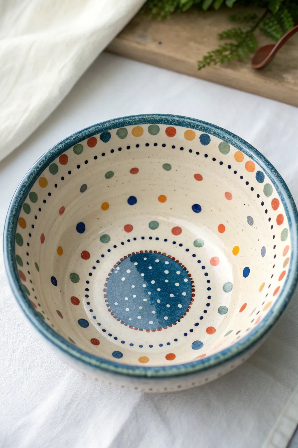 Playful polka dot scatter brings bold color to a minimalist bowl, with dots dancing over the rim.