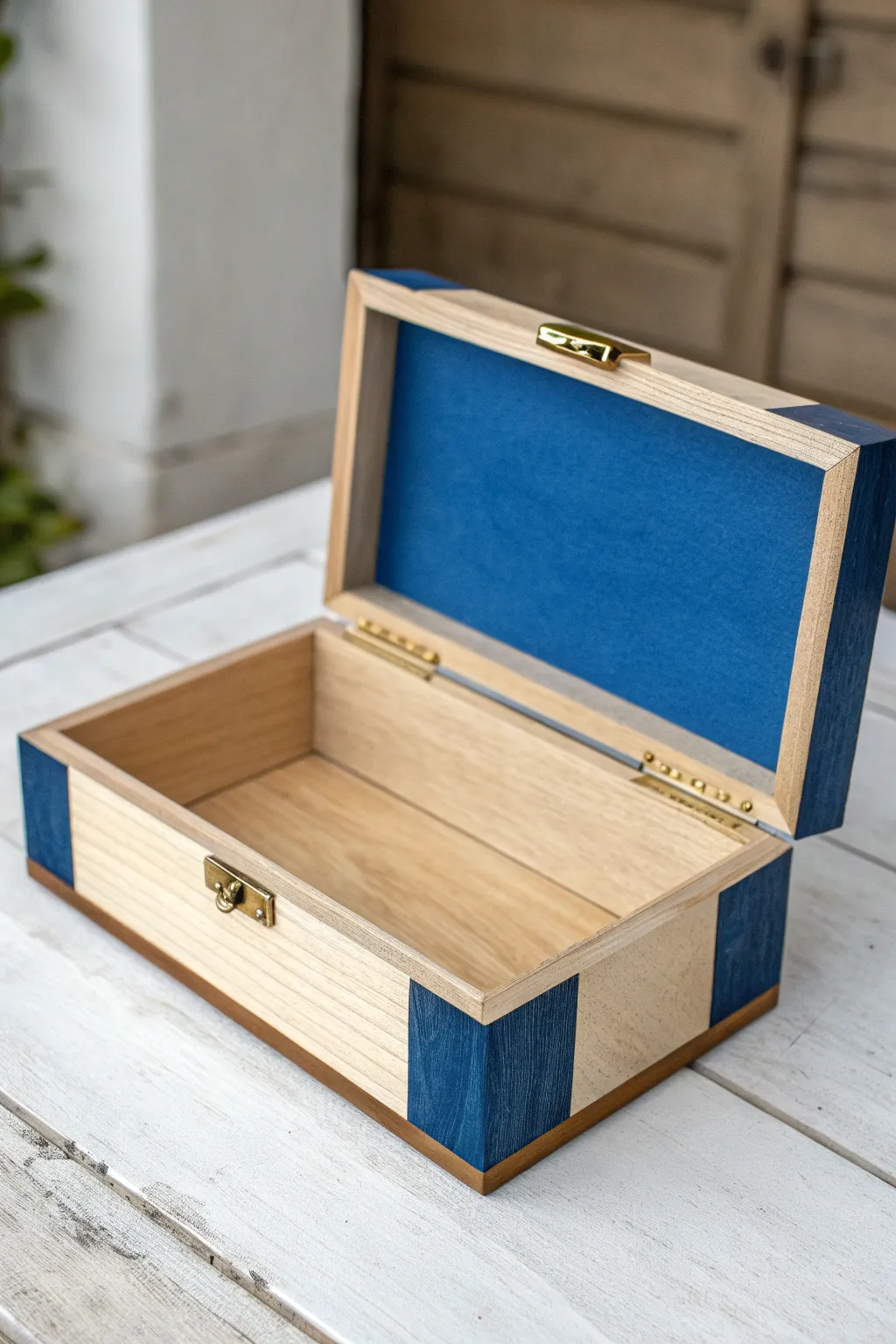 Two tone color block wooden box, bold vibrant lid over soft neutral sides, simple and chic