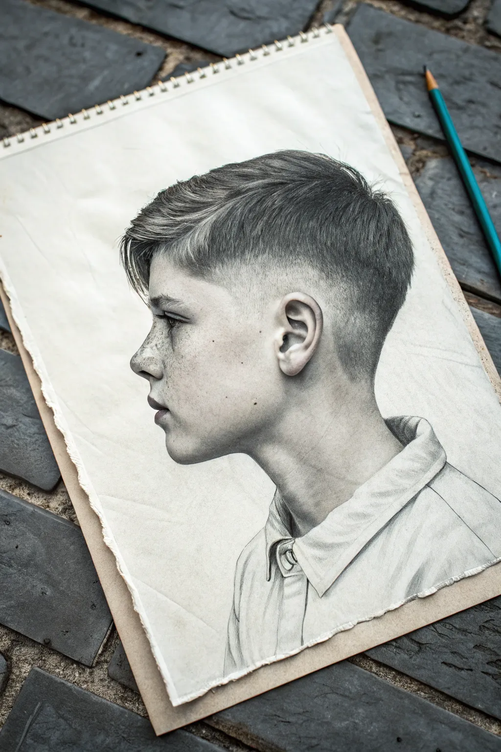 Undercut hairstyle sketch: short shaded sides and a longer lifted top in a clean 3/4 view.