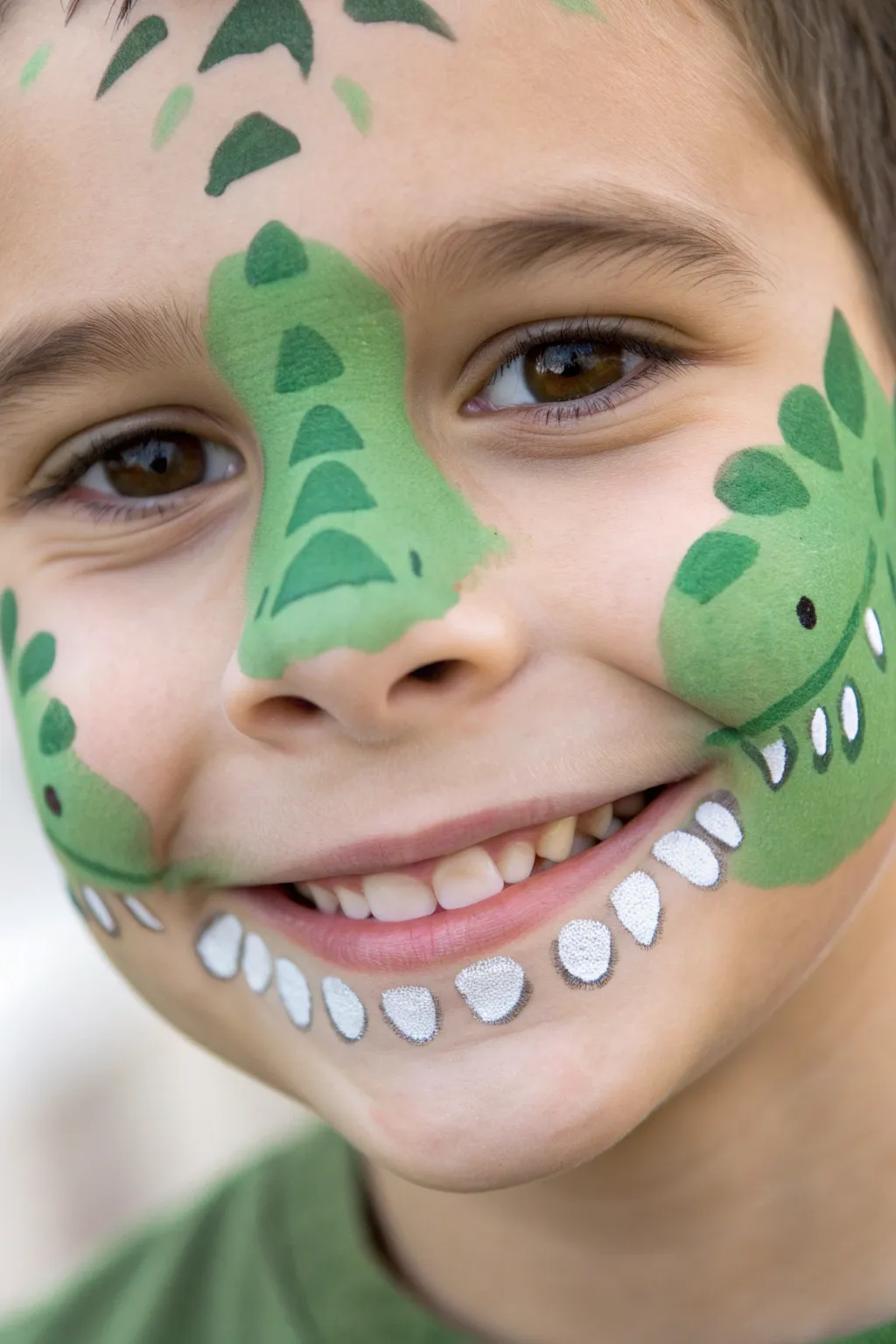 Friendly dinosaur snout face paint in bold green with tiny teeth, clean minimalist vibe
