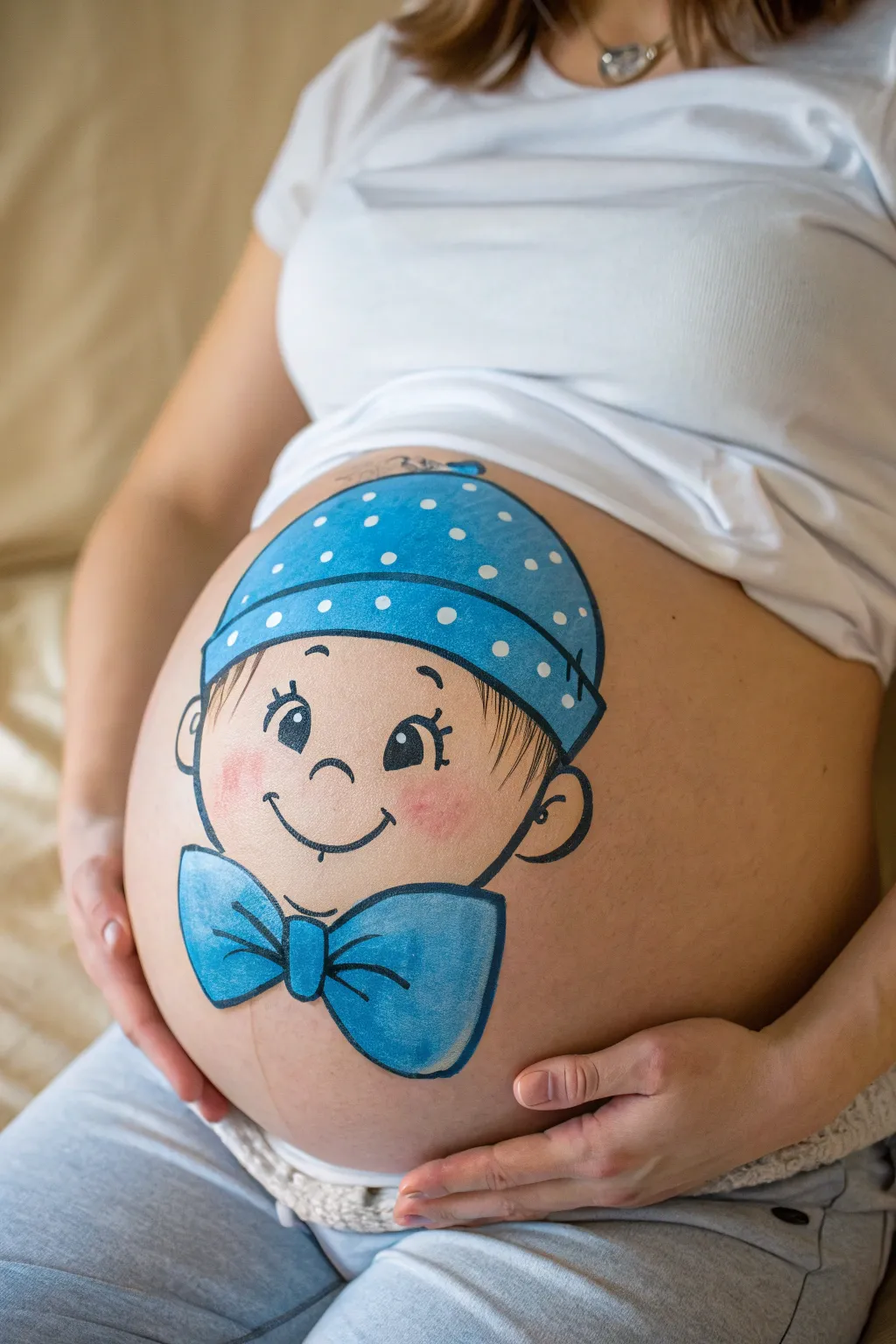 Peekaboo baby boy belly art with a bold blue pop, minimalist, clean lines, and cozy boho warmth