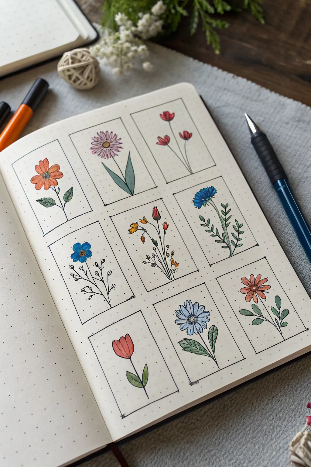 Mini flower doodles grid in bold brush pen strokes, clean lines, and cozy Scandi-boho vibes