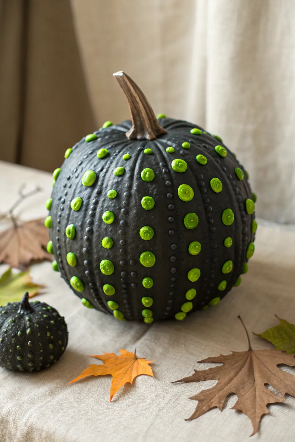 Charcoal bumpy pumpkin with neon potion bubbles, minimalist harvest styling with soft leaves.