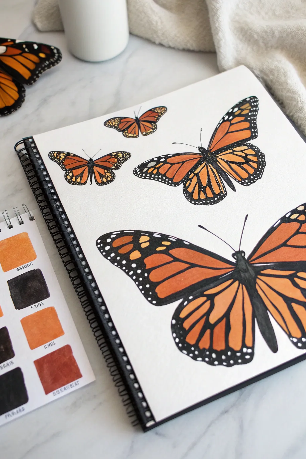 Monarch pattern study with bold orange wings, crisp black borders, and swatch tests.