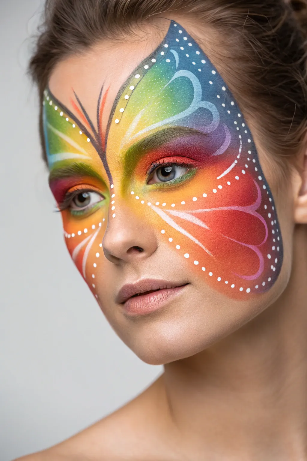 Rainbow ombre butterfly wings with crisp black edges and white dots for a dreamy mask effect.