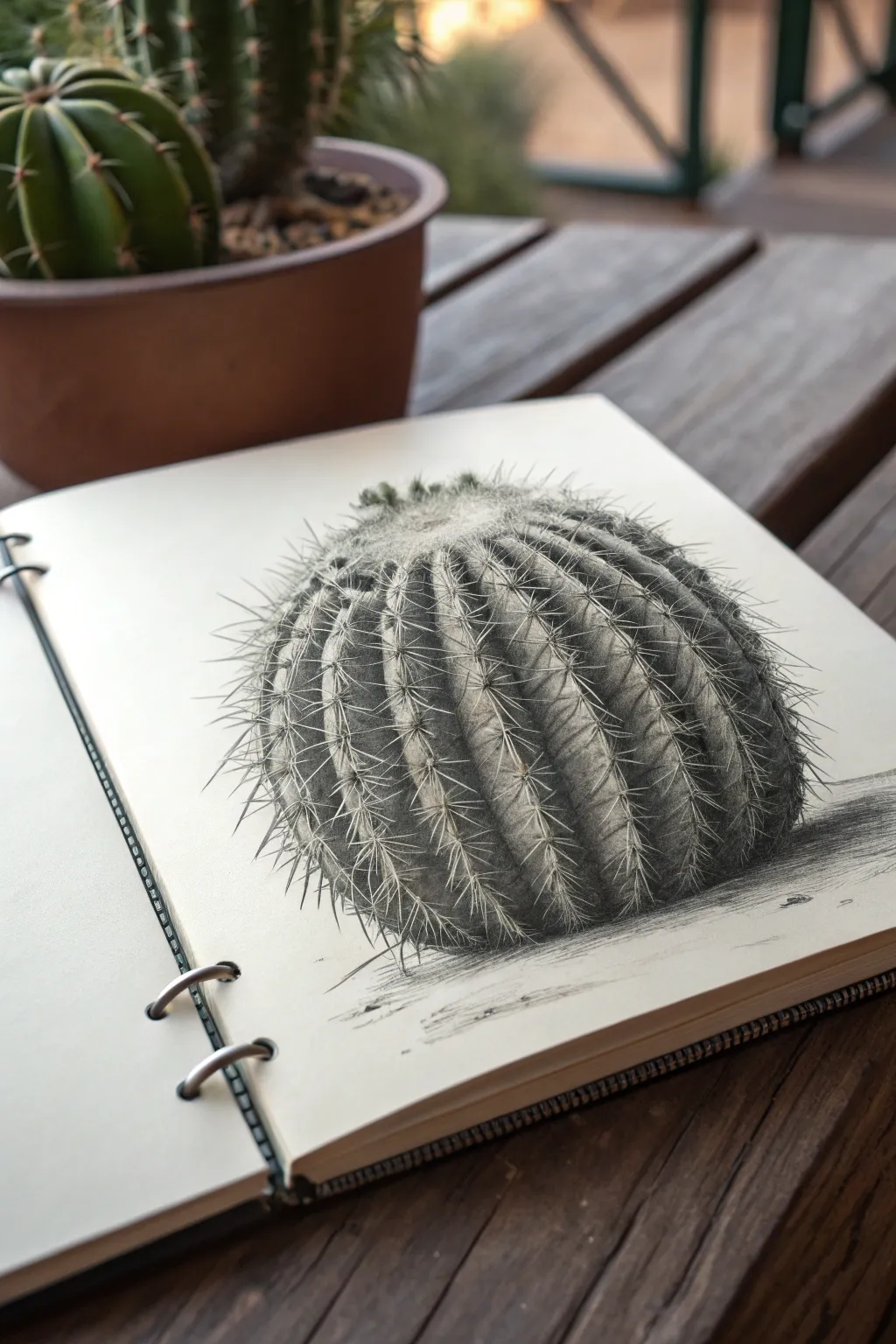 Round barrel cactus graphite study: deep ribs, crowned spines, soft shading and bold contrast.