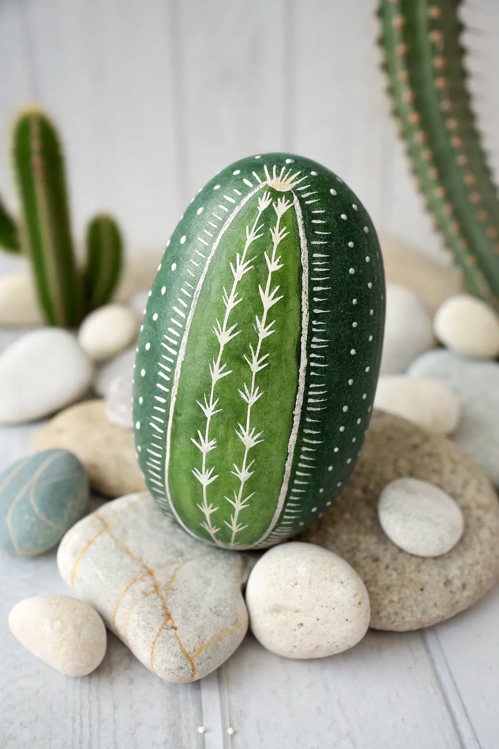 Minimal cactus rock with tiny x and dash prickles in soft neutrals, crisp and high-contrast.