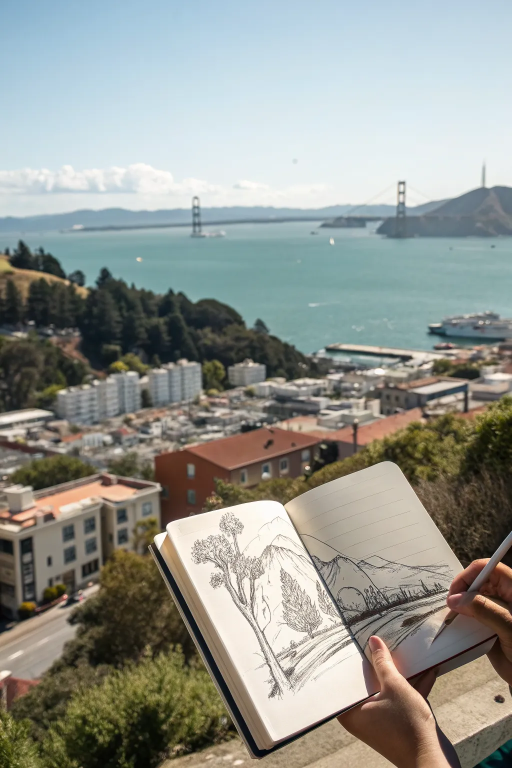 San Francisco hills and bay line drawing idea with minimal ink and a bold teal wash, Pinterest-ready.