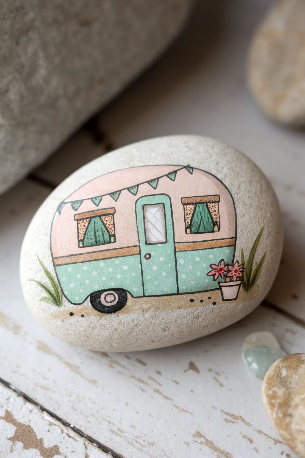 Pastel camper rock painting with tiny curtains and a sweet flowerpot detail