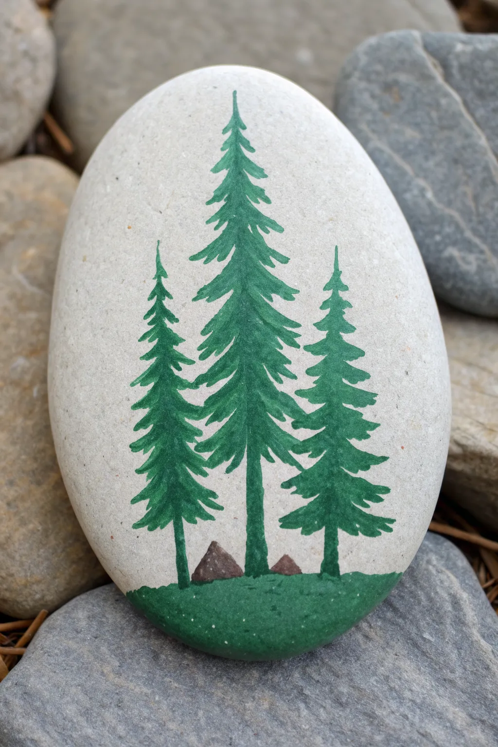 Pine Tree Trio: simple layered greens on one smooth stone for an easy camping rock idea