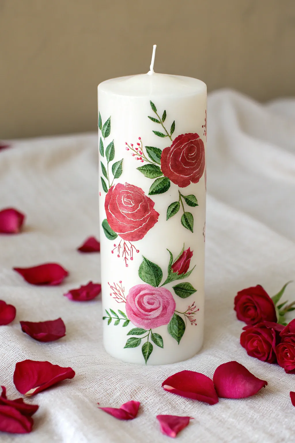 Turn plain candles into romantic decor with these bold hand-painted mini rose designs.