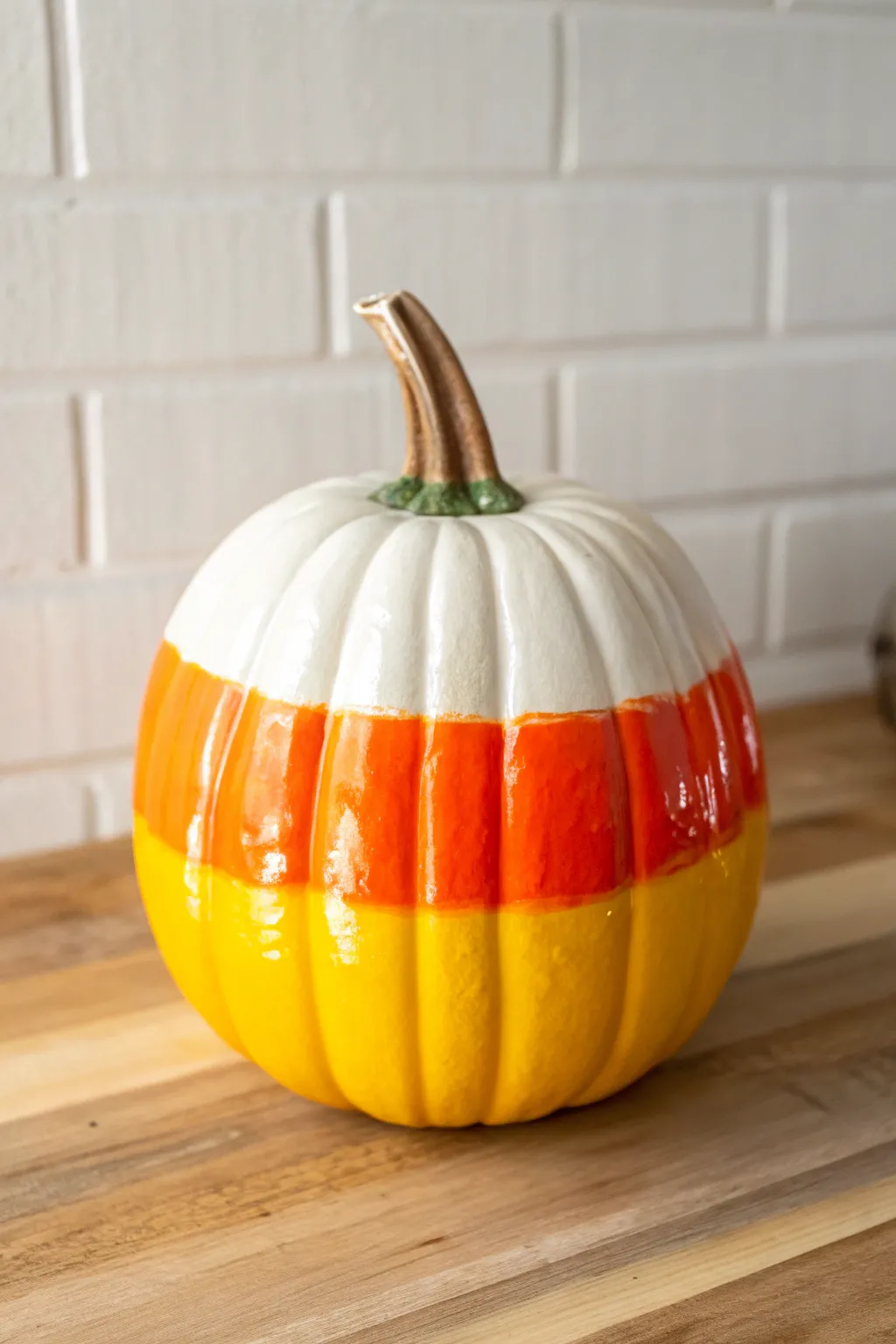 Glossy candy-corn stripes transform a pumpkin into a candy-coated centerpiece with bold shine.