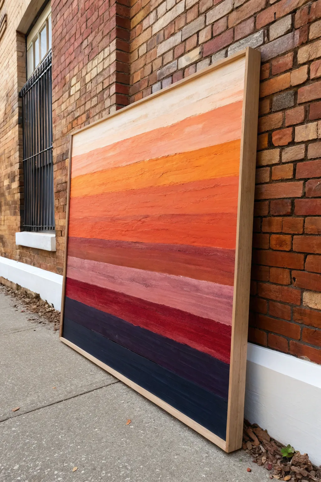 Sunset band abstract on wide canvas, minimalist boho color blocks with horizon-like dash texture.