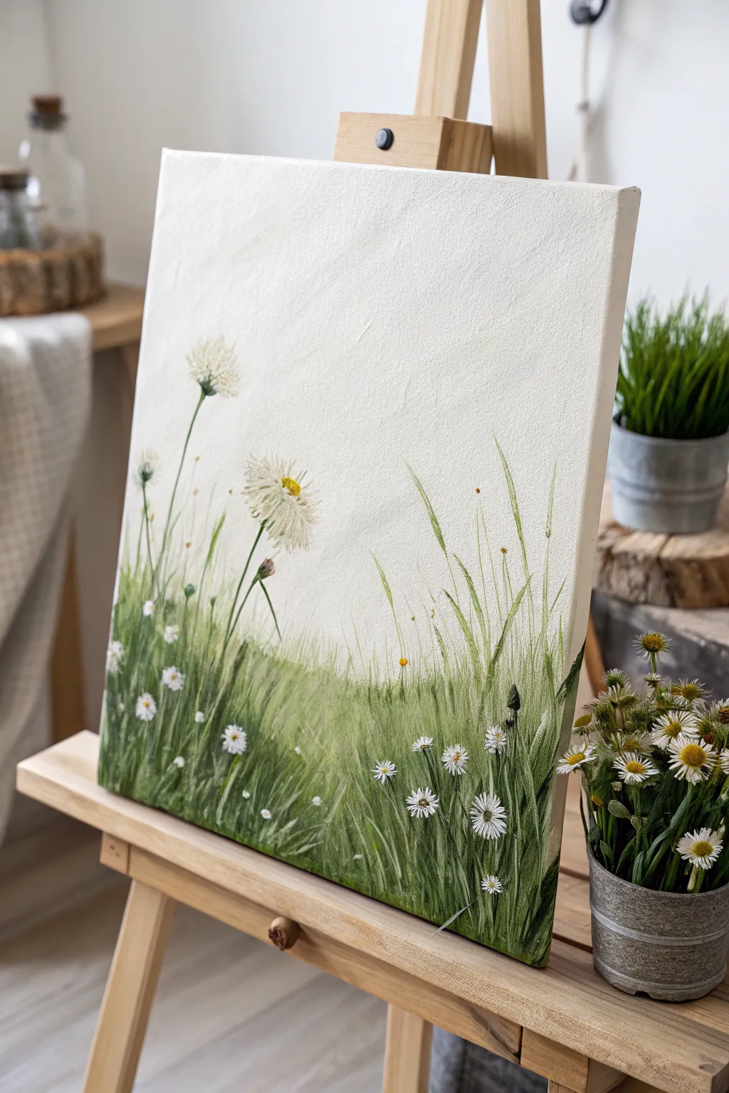 Loose wildflower meadow canvas with an airy sky—minimal, boho-soft, and beautifully bold