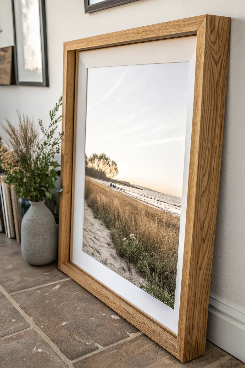 Warm oak framing that highlights the canvas texture for an effortlessly modern, cozy look.