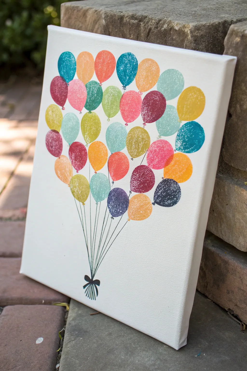 Colorful fingerprint balloons on a clean canvas, sweetly messy and beautifully minimal