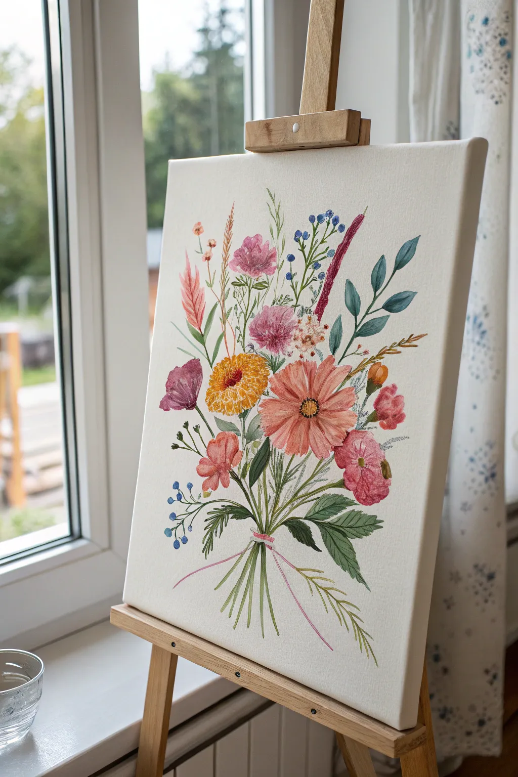 Loose wildflower bouquet canvas art with bold color pops, minimalist Scandinavian boho vibe