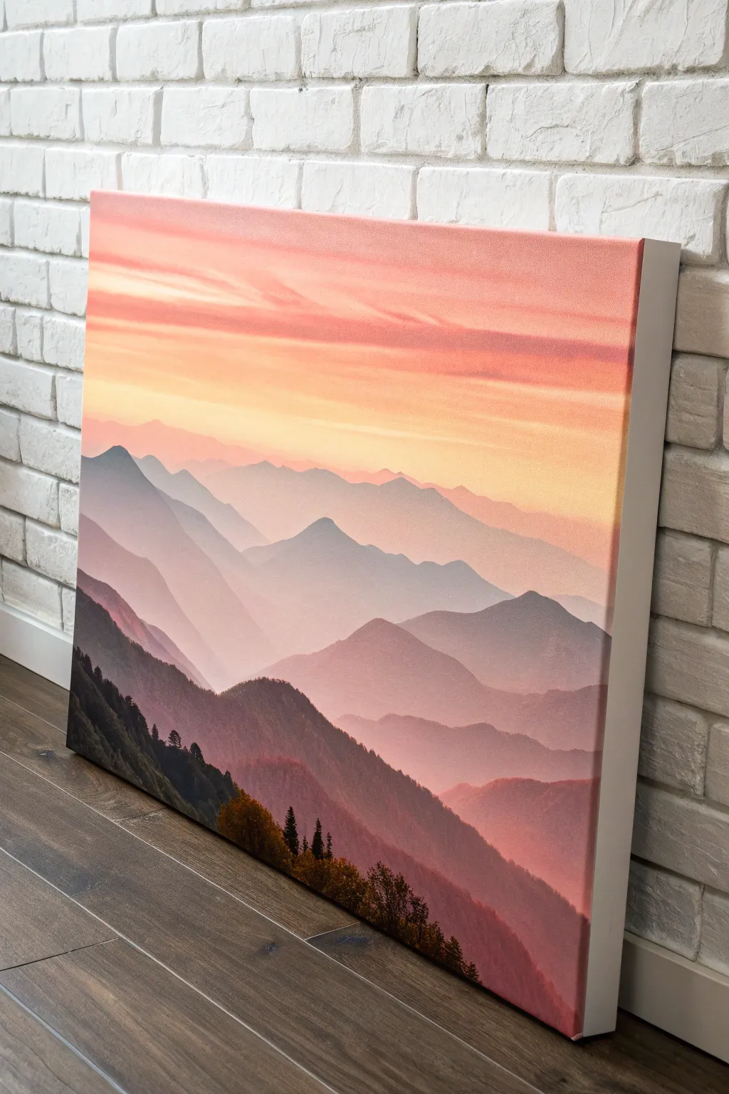 Layered mountain silhouette canvas with sunrise glow, perfect easy depth painting for kids.