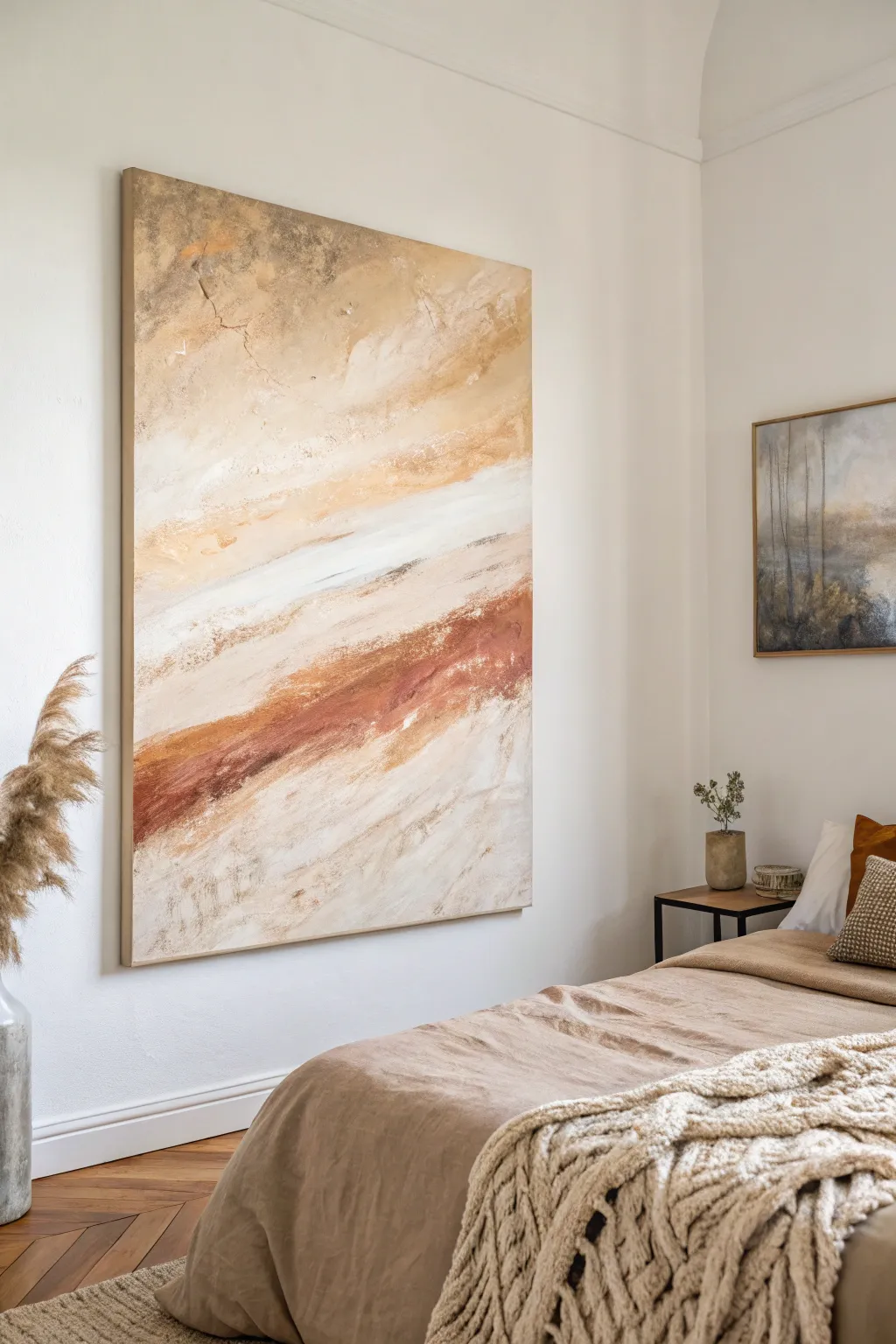 Neutral beige abstract canvas that instantly warms up a cozy, minimalist Scandinavian bedroom