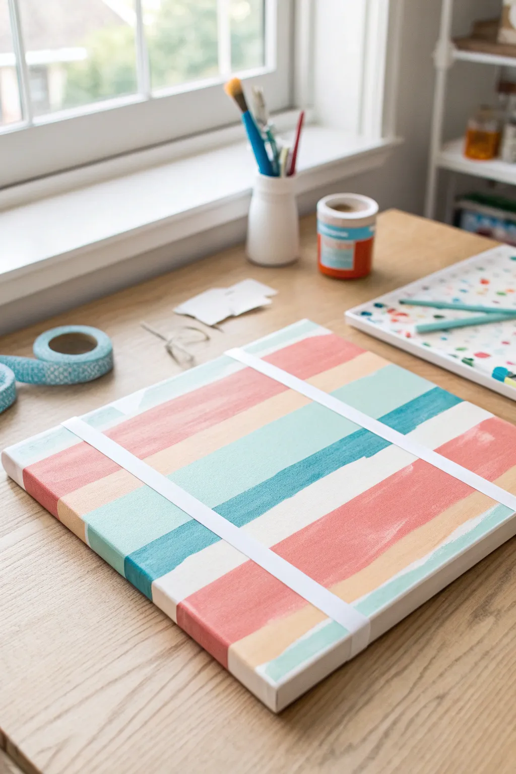 Tape-resist stripes make toddler abstract art pop, with crisp white lines and bright color!