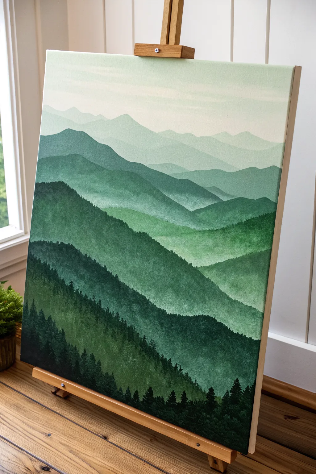 Monochrome green mountain layers with misty edges for a calm minimalist boho canvas idea