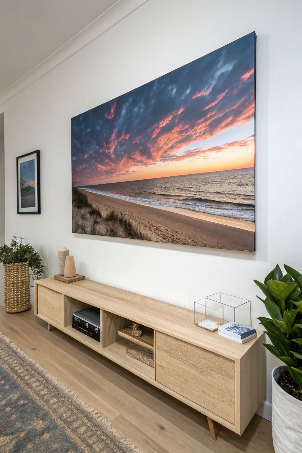 A serene horizon canvas in bold gradients that brightens the room above a minimalist console.