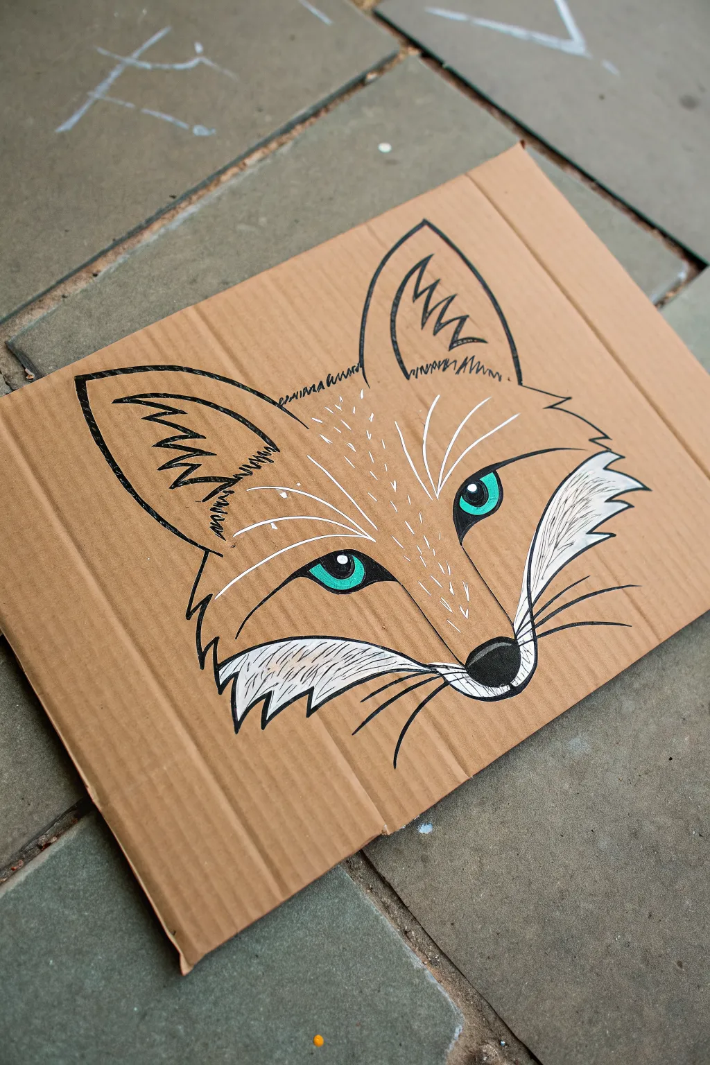 Fox cardboard drawing that uses the natural grain for shading with crisp eye highlights