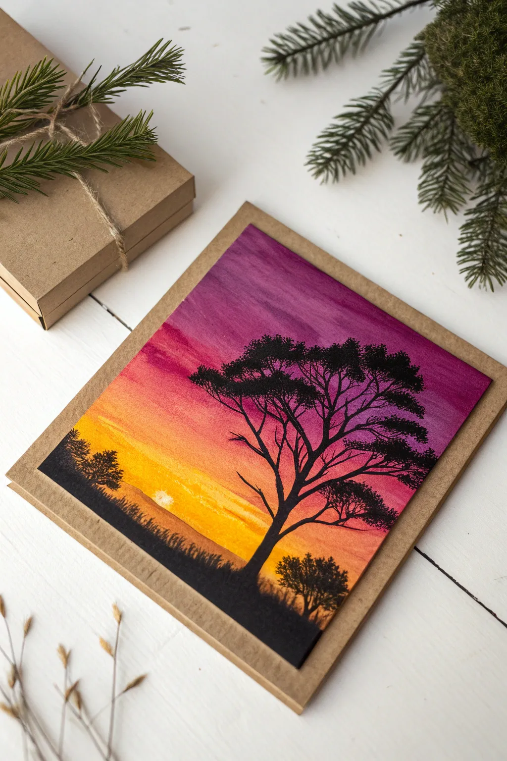 Smooth sunset gradient on cardboard with crisp tree silhouettes, minimalist craft inspo