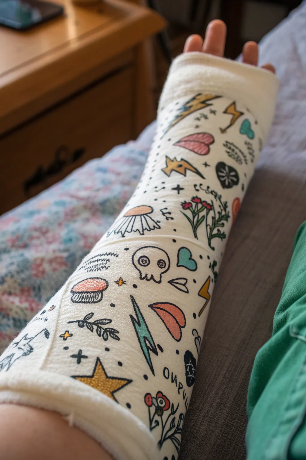 All-over doodle patchwork cast with tiny icons and a bold limited palette, scandi-boho.