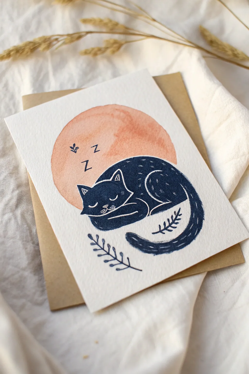 Curled-up sleeping cat doodle in bold indigo on warm terracotta, minimal and cozy.