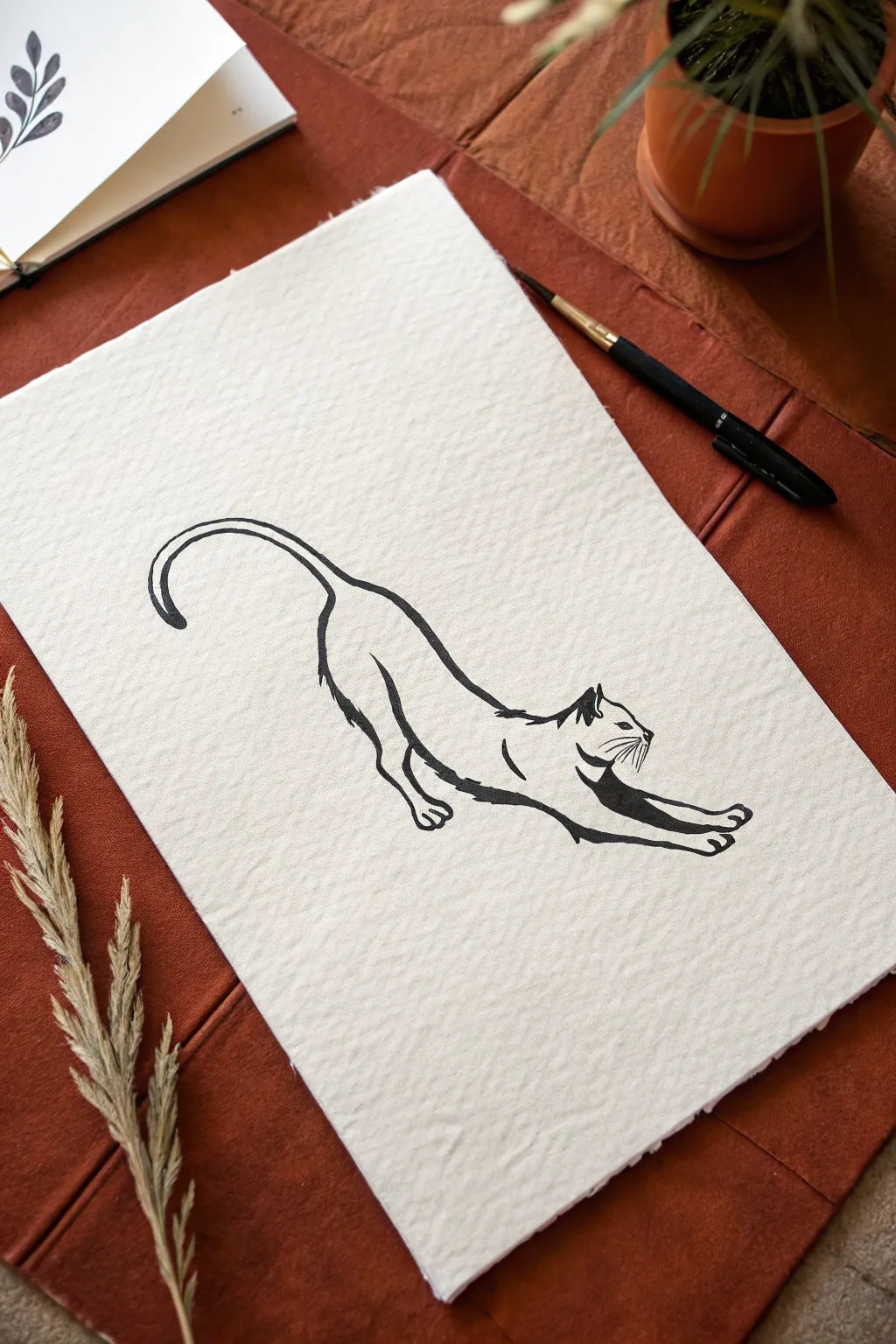 Capture the fluid elegance of a morning stretch with this minimalist cat sketch idea.