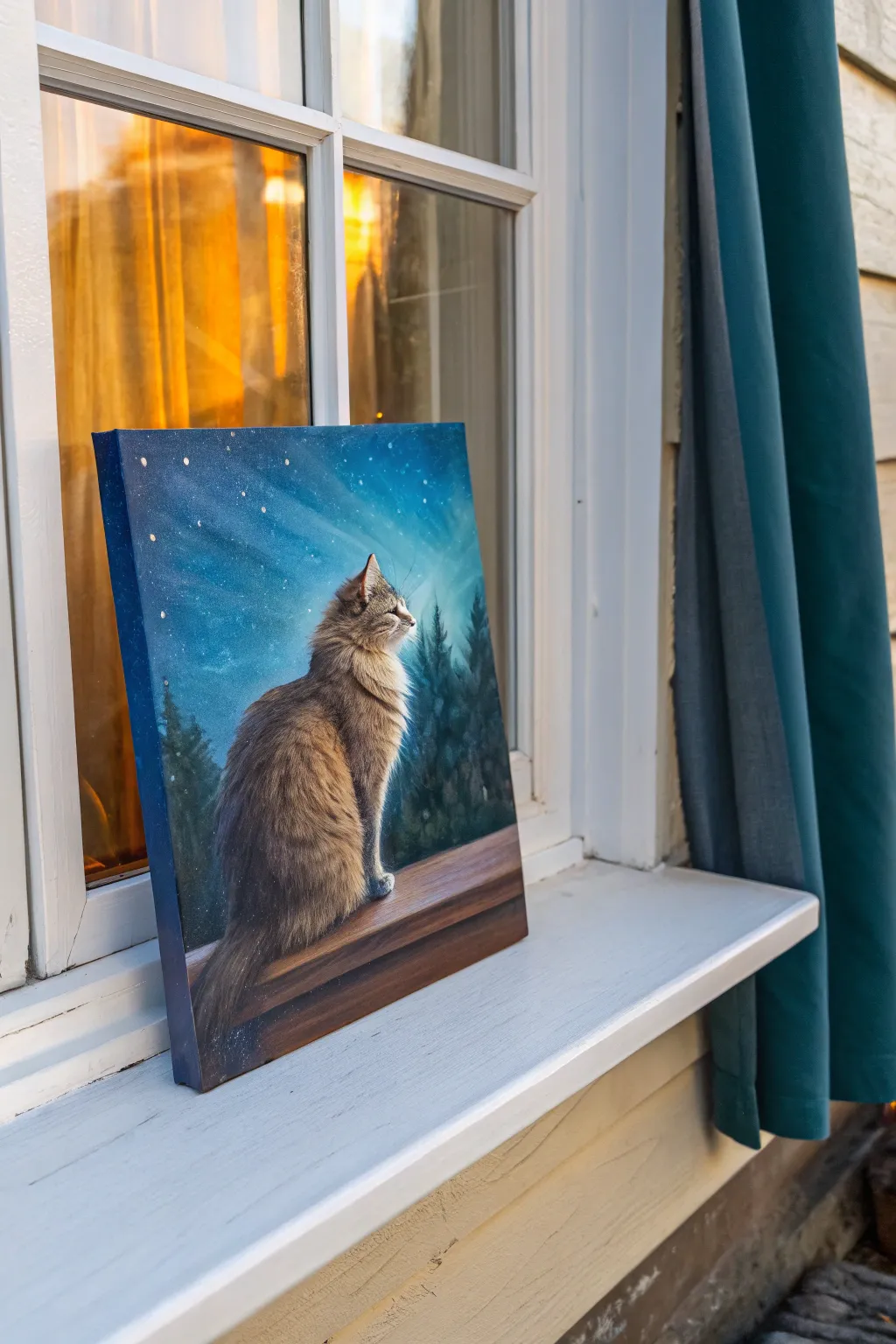 Cozy windowsill cat painting with warm glow, cool night blues, and minimalist boho charm.