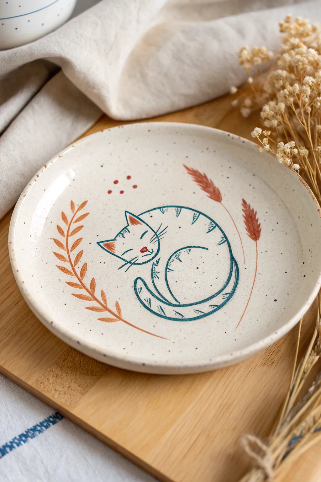 Cozy pottery painting idea: a sleepy curled-up cat centered on a minimal Scandinavian plate.