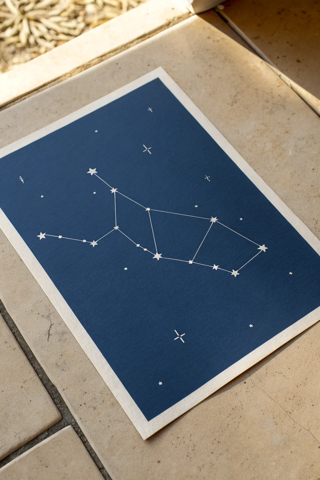 Minimal constellation line art on deep navy paper with one bold focal constellation for calm celestial vibes