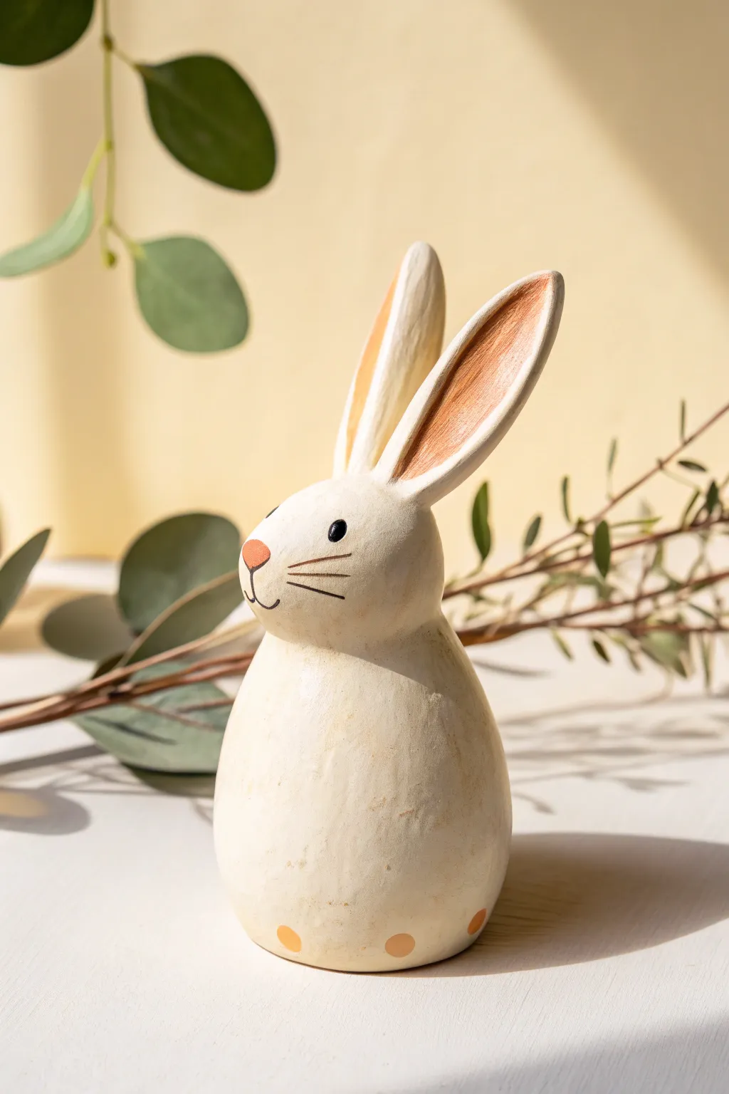 Creamy two-tone ceramic bunny with bold ear tips and a tiny blush nose detail.