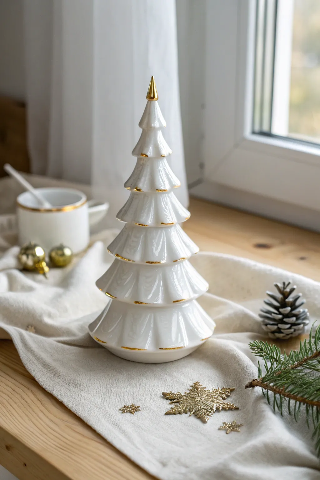 All-white ceramic tree with gold-tipped branches for an elegant, minimalist holiday look