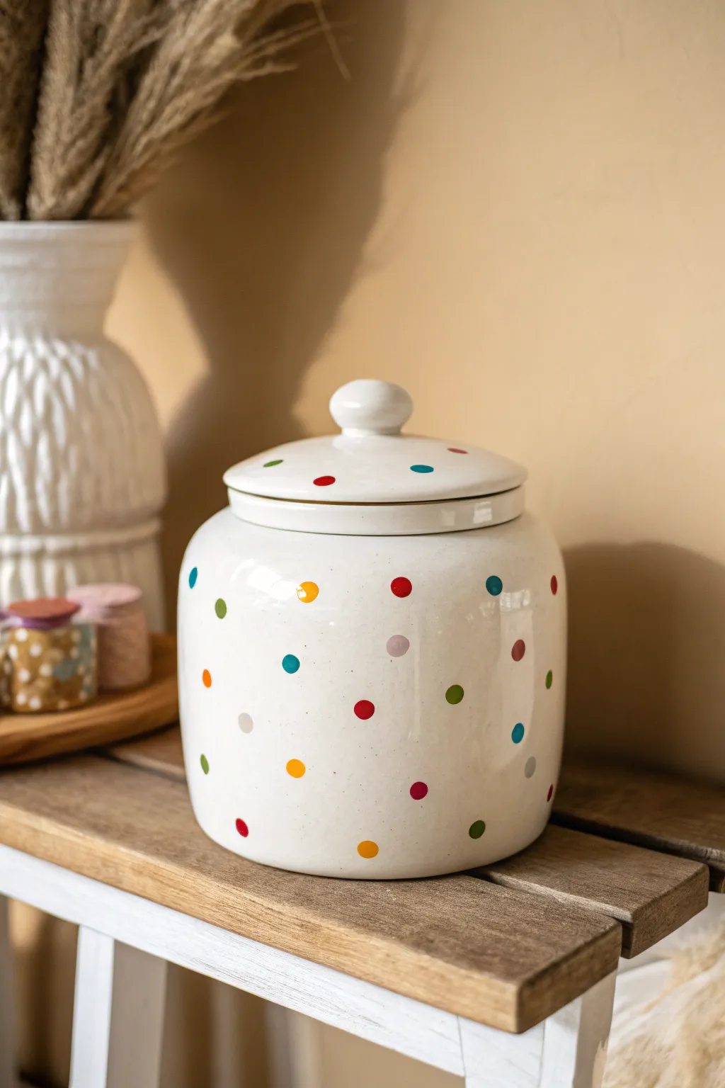 Confetti polka dot ceramic cookie jar for a bright, playful minimalist kitchen shelf