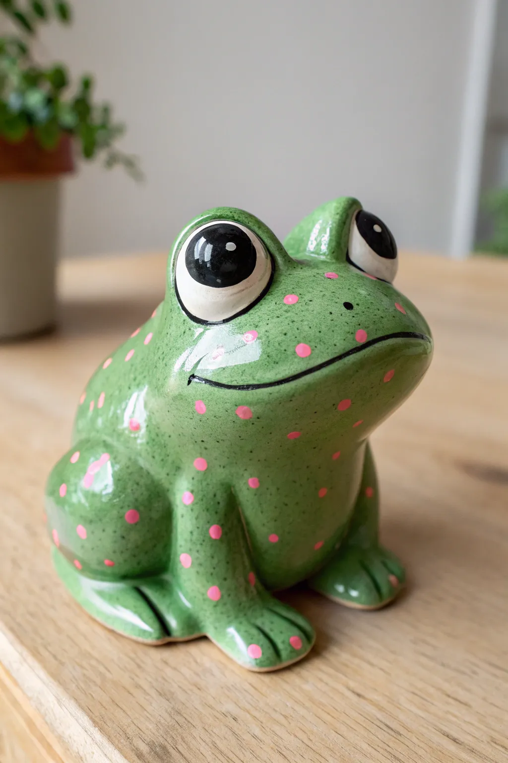 Big-eyed ceramic frog with crisp highlights, minimalist craft-table vibe and bold playful color.