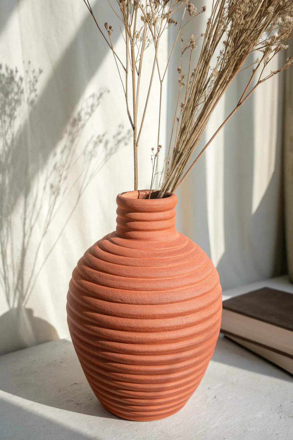 Soft-curved coil-built vase with subtle coil lines, warm light, and minimal boho styling