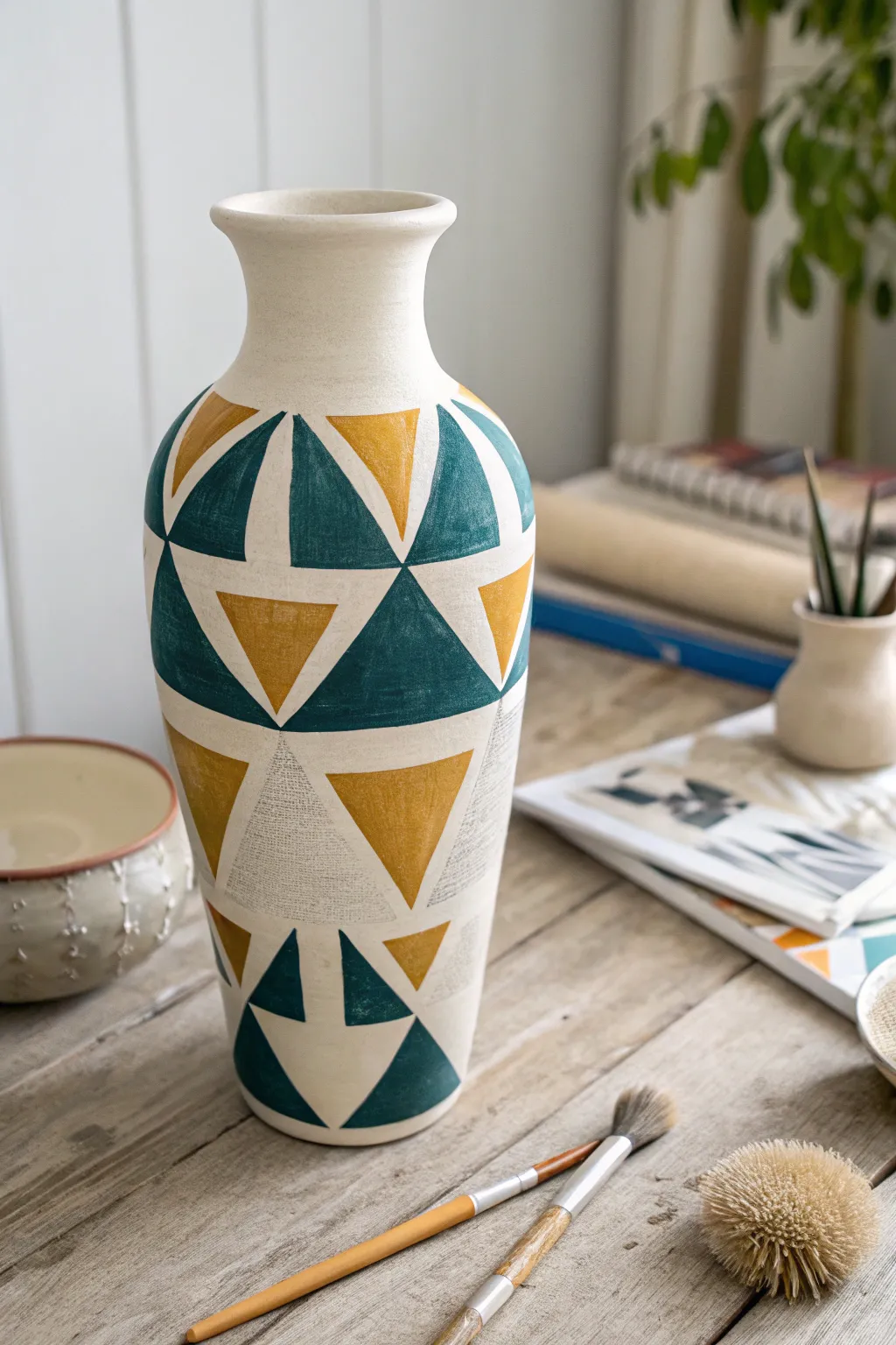 Tape-resist triangles on a matte ceramic vase for crisp geometry and modern boho contrast