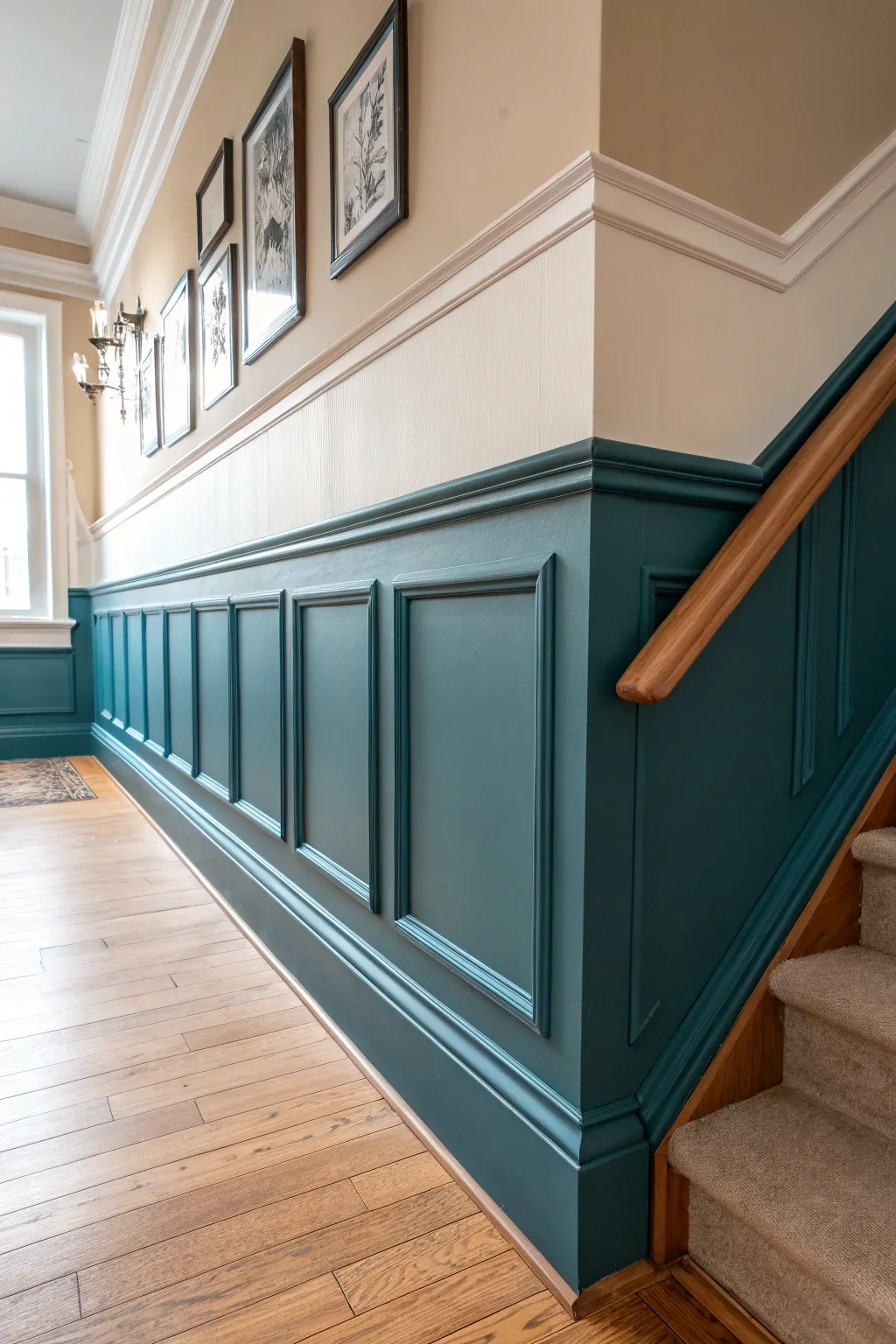 Same wall color, bold contrasting chair rail trim for a clean, modern architectural outline