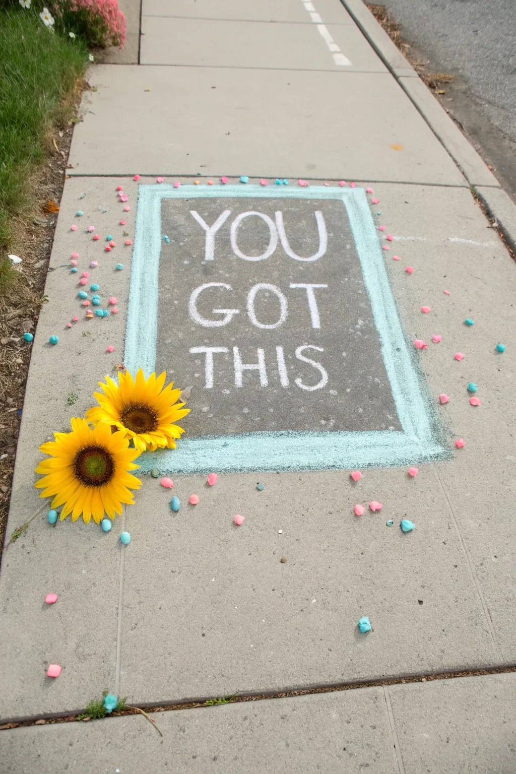 Sunny chalk quote with bold sunburst border, minimal yet boho, perfect for sidewalk art days