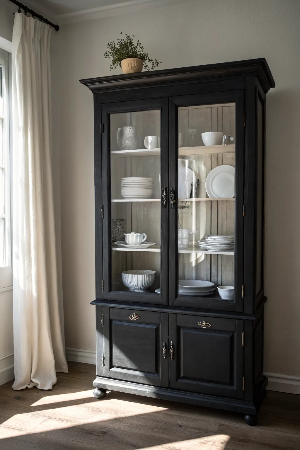 Matte black chalk-painted china cabinet with crisp white dishes for bold minimalist drama
