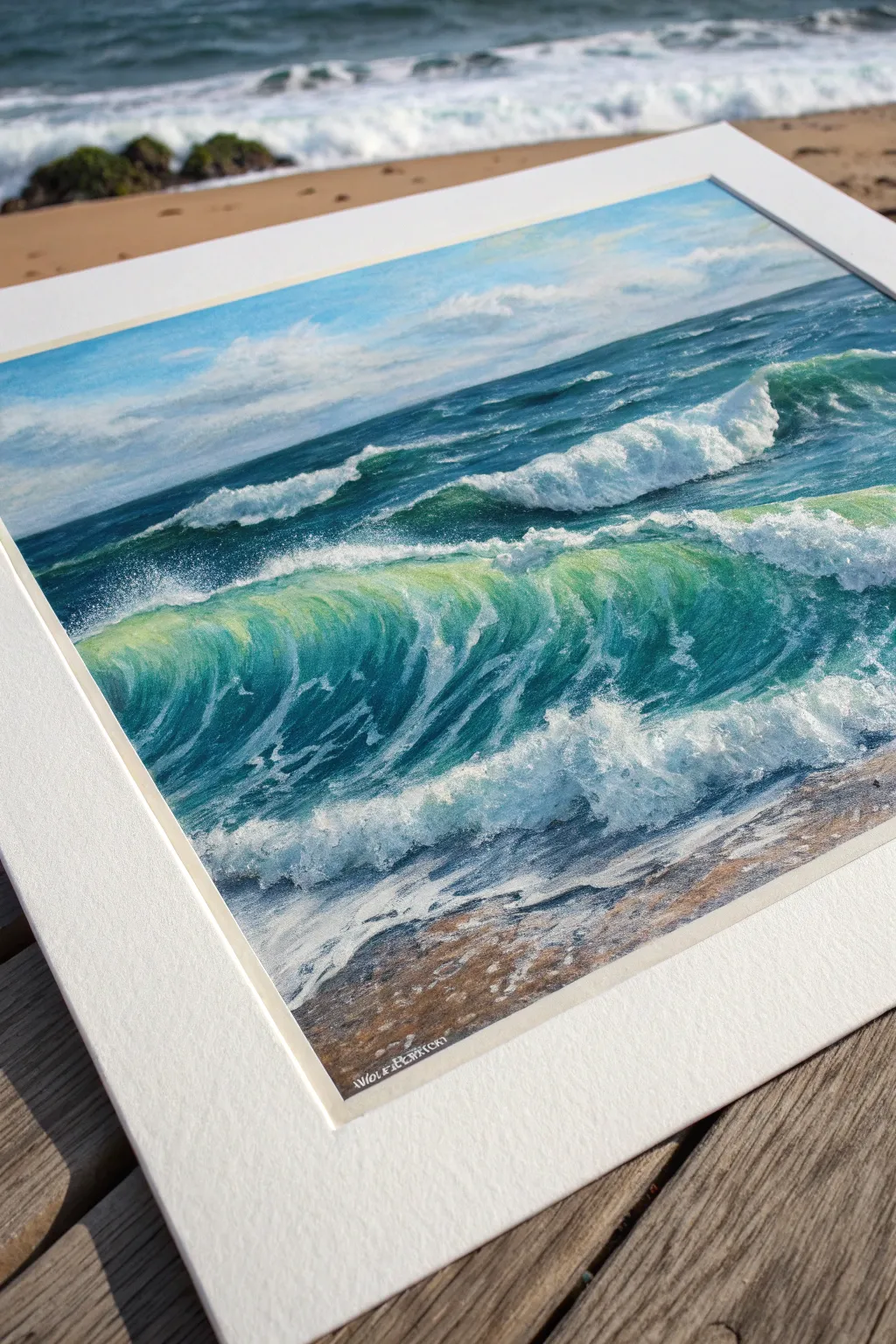 Bold ocean wave chalk pastels with crisp white foam highlights for effortless coastal calm.
